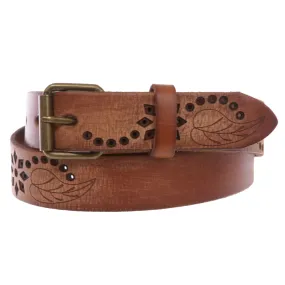 1 1/4" Snap On Embossed Floral Leaf Perforated Vintage Soft Cowhide Full Grain Thick Leather Casual Jean Belt