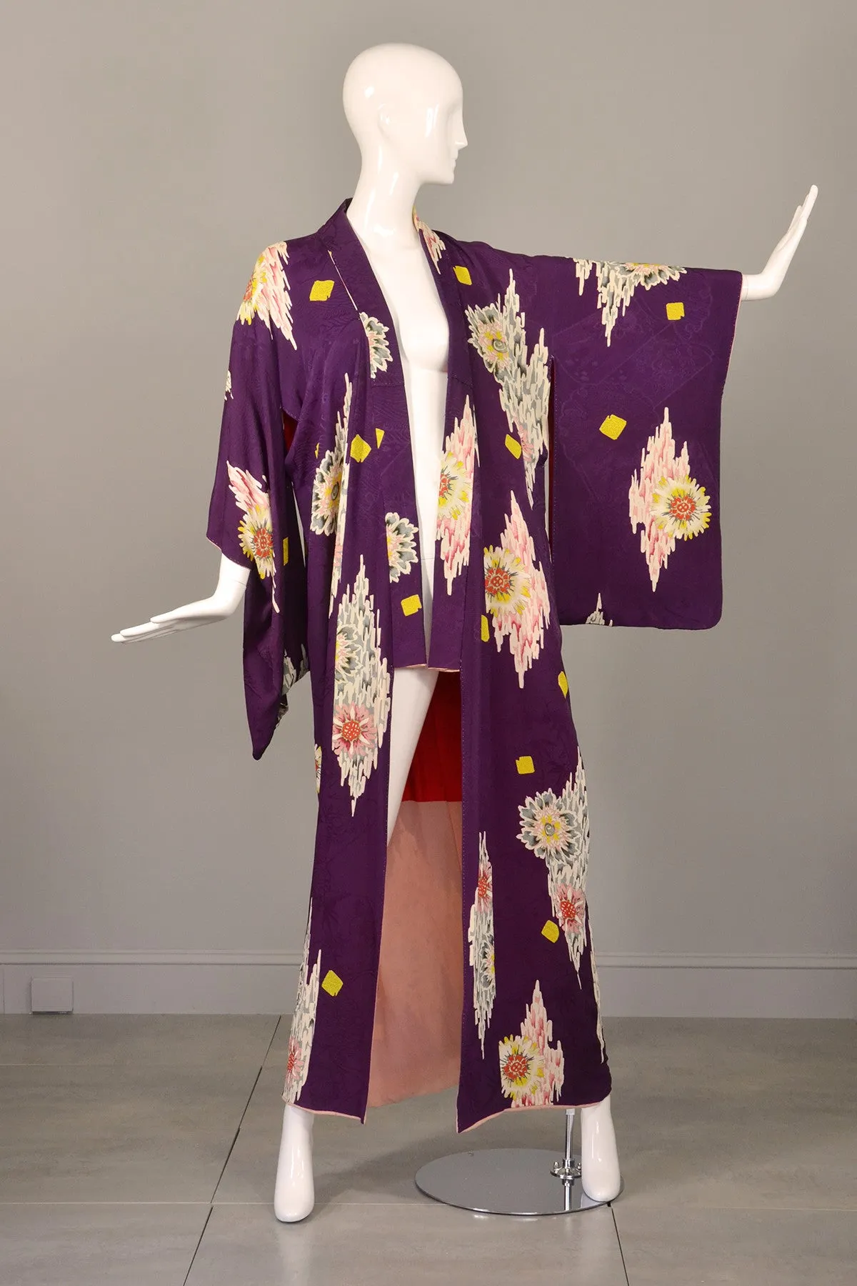 Aubergine Jacquard Cabbage Floral Print Vintage Kimono