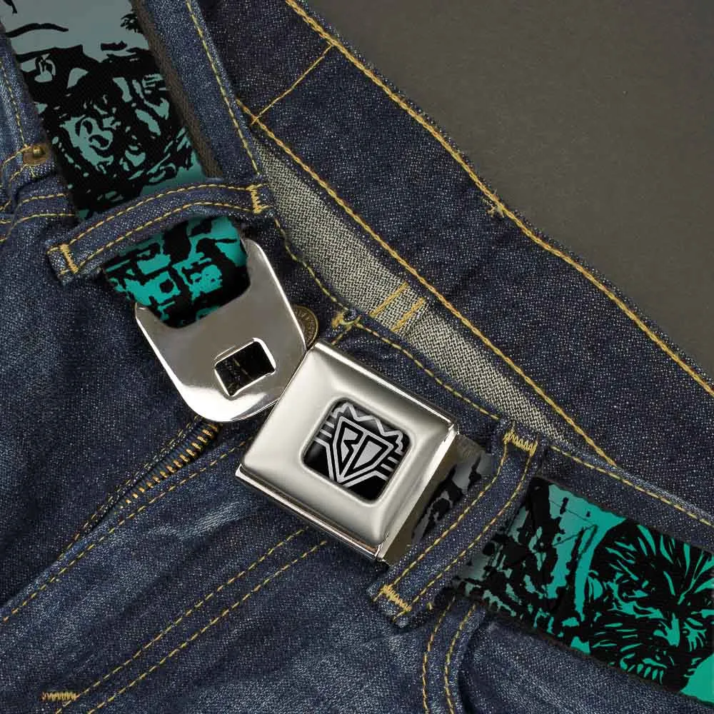 BD Wings Logo CLOSE-UP Full Color Black Silver Seatbelt Belt - Retro Monster Aqua/Black Webbing