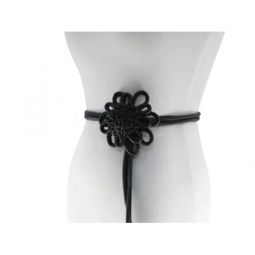 Black Cord Tassel Belt with Black Flower Buckle