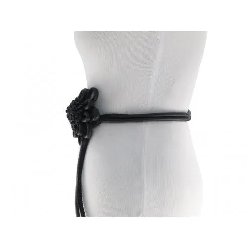 Black Cord Tassel Belt with Black Flower Buckle