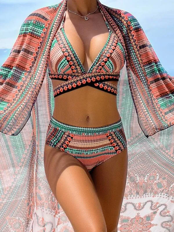 Bohemian Dream High Waist Swimwear Set with Shawl - Trendy Bikini Ensemble