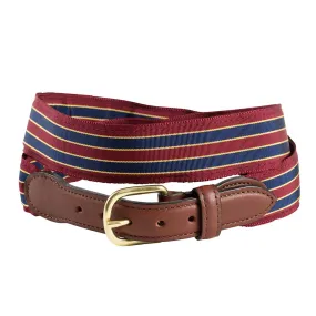 Brick, Navy & Gold Grosgrain Ribbon Leather Tab Belt