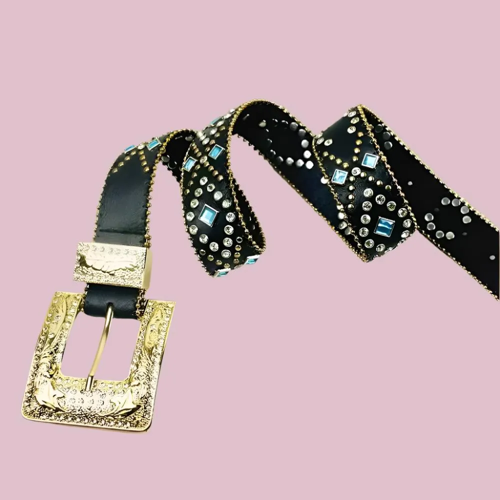 Buckle Up: Black Strap With Rhinestones Belt