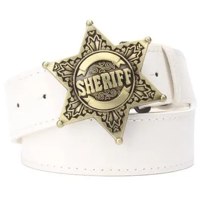 Fashion Men's belt metal buckle belts Sheriff badge Retro Hexagon star sign western style cowboy Pu leather belt