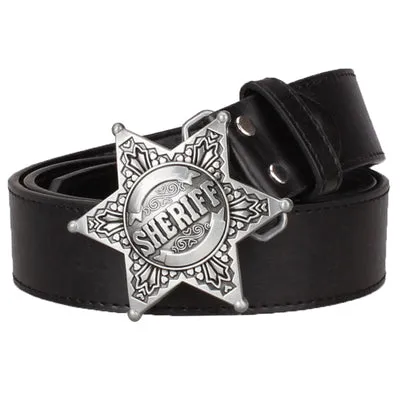 Fashion Men's belt metal buckle belts Sheriff badge Retro Hexagon star sign western style cowboy Pu leather belt