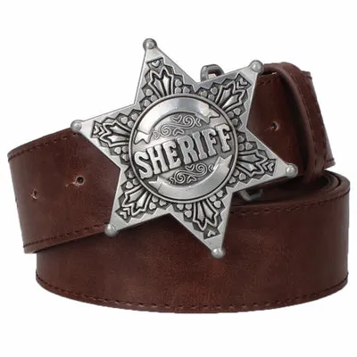 Fashion Men's belt metal buckle belts Sheriff badge Retro Hexagon star sign western style cowboy Pu leather belt