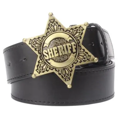 Fashion Men's belt metal buckle belts Sheriff badge Retro Hexagon star sign western style cowboy Pu leather belt