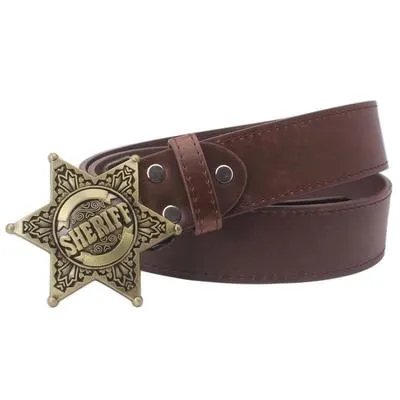 Fashion Men's belt metal buckle belts Sheriff badge Retro Hexagon star sign western style cowboy Pu leather belt