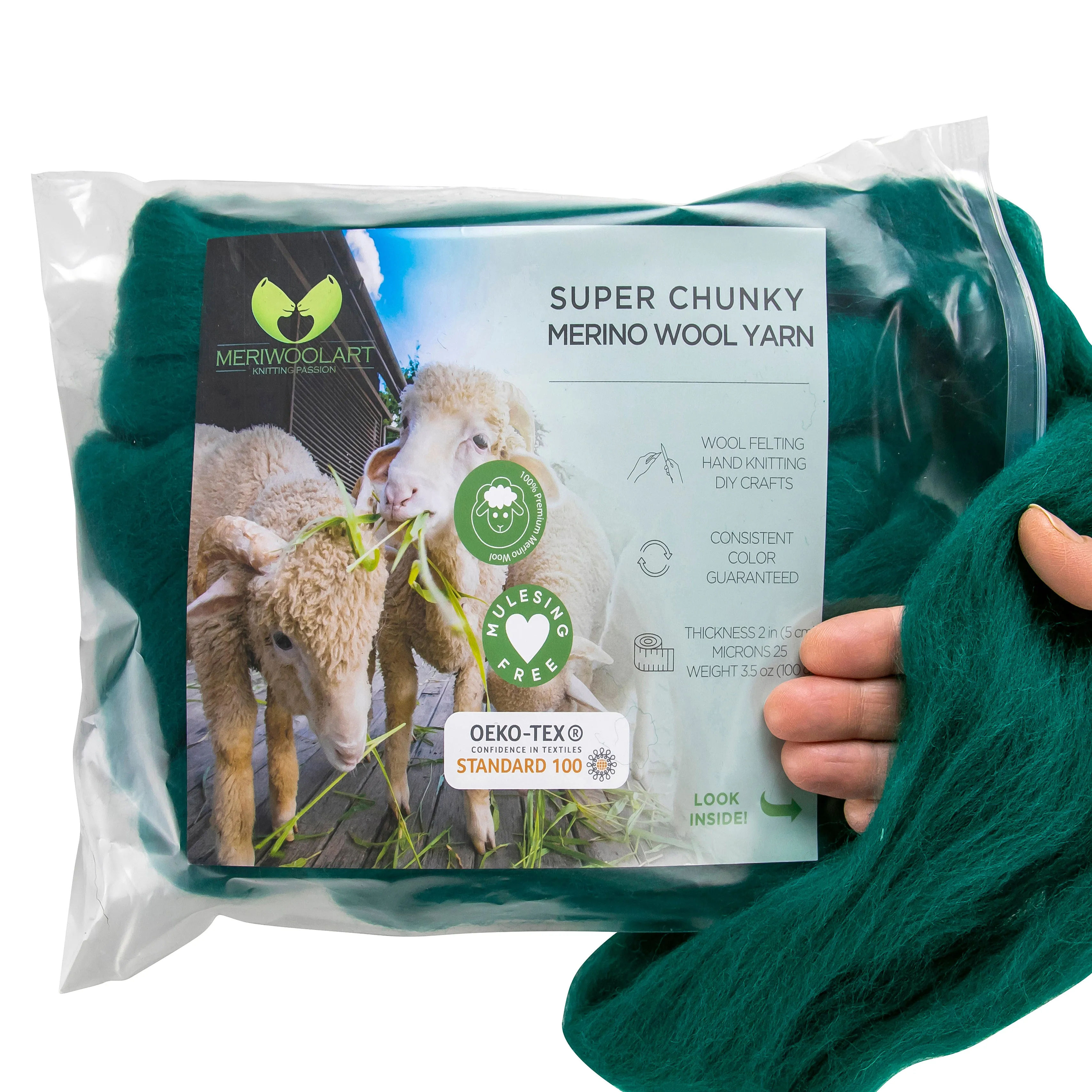 GREEN SUPER CHUNKY MERINO WOOL 4-5 CM, 25 MICRONS