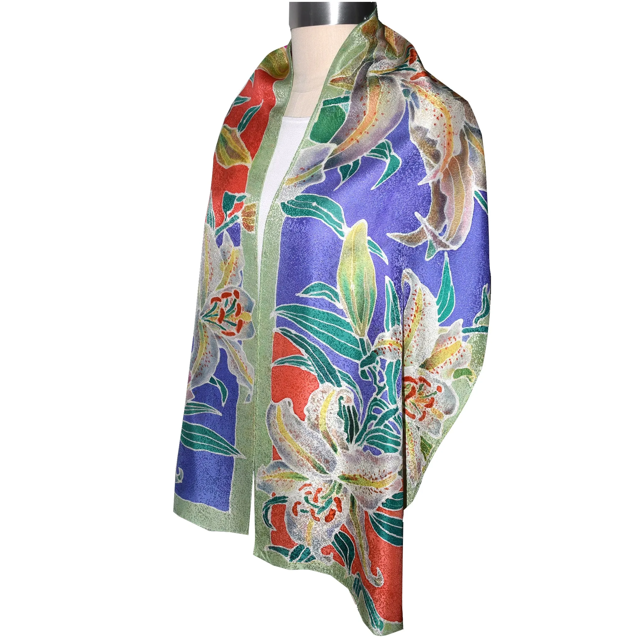 Handpainted Tiger Lilies Floral Jacquard Silk Scarf/Shawl