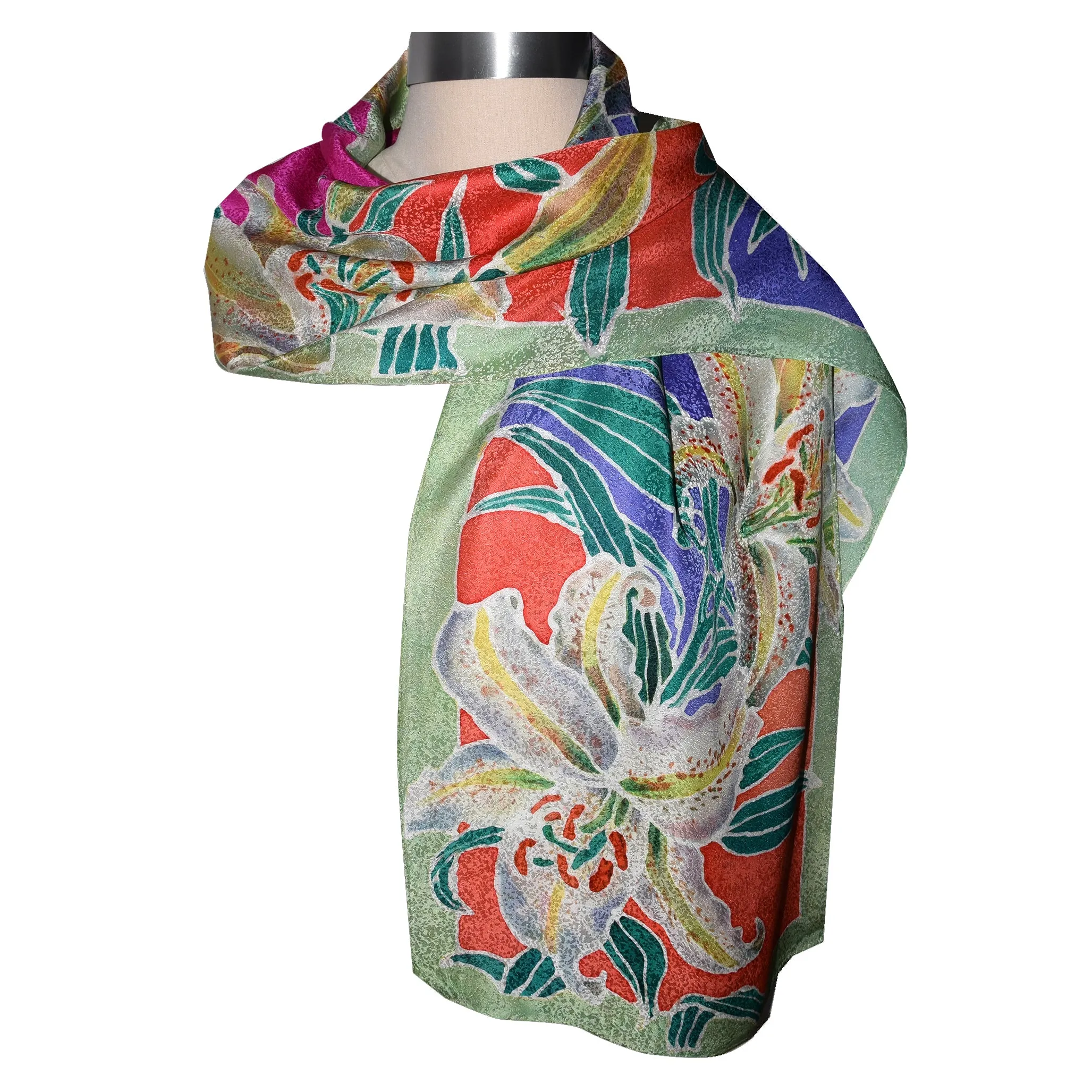 Handpainted Tiger Lilies Floral Jacquard Silk Scarf/Shawl