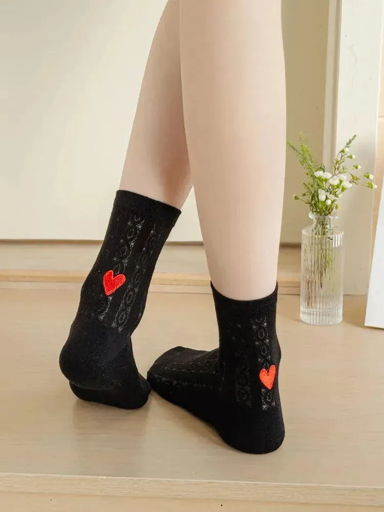 One Pair of Frilly Socks With Heart Pattern | Cute Crew Socks | Causal Socks