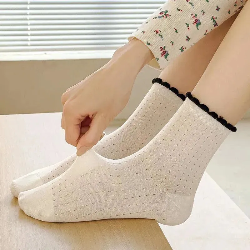 One Pair of Frilly Socks With Heart Pattern | Cute Crew Socks | Causal Socks