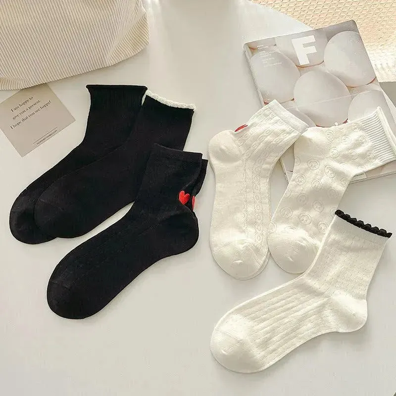 One Pair of Frilly Socks With Heart Pattern | Cute Crew Socks | Causal Socks