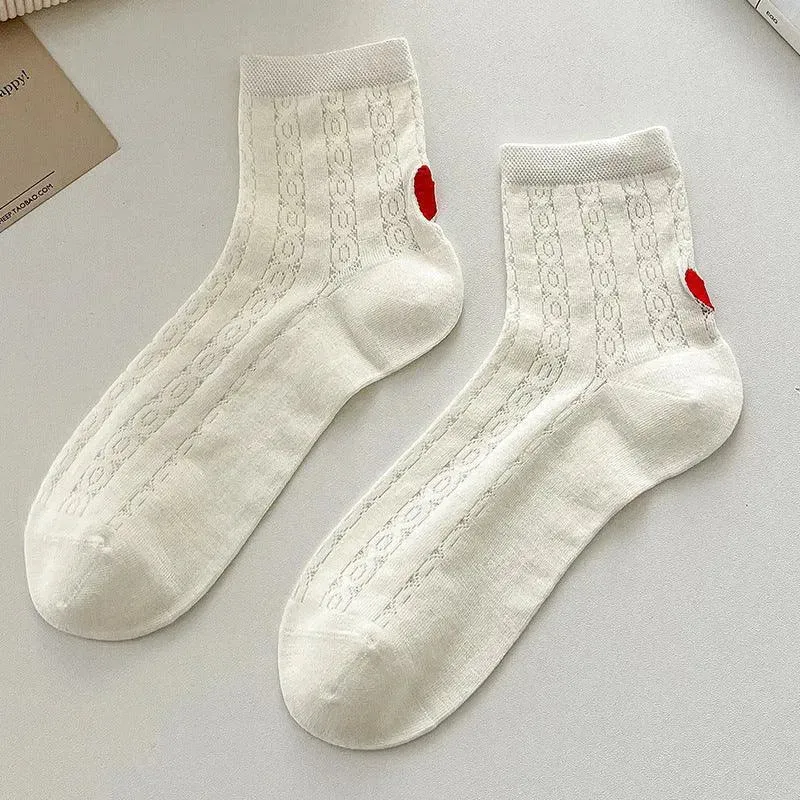 One Pair of Frilly Socks With Heart Pattern | Cute Crew Socks | Causal Socks