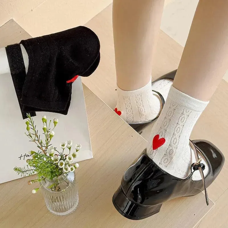 One Pair of Frilly Socks With Heart Pattern | Cute Crew Socks | Causal Socks