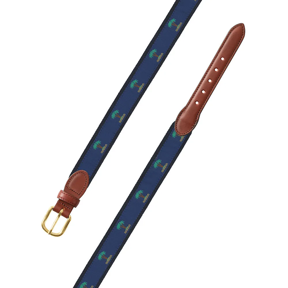 Palm Trees on Navy Motif Leather Tab Belt