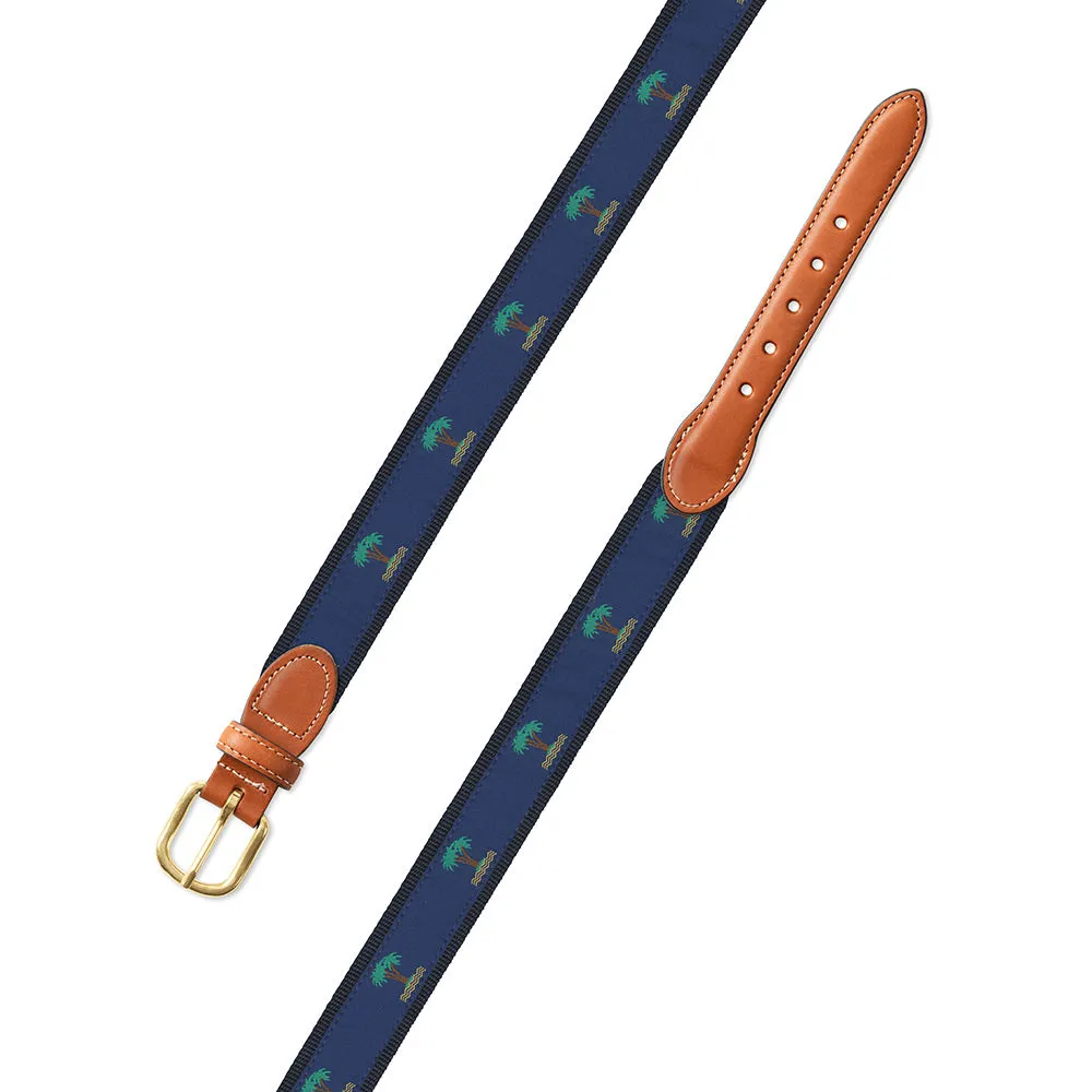 Palm Trees on Navy Motif Leather Tab Belt