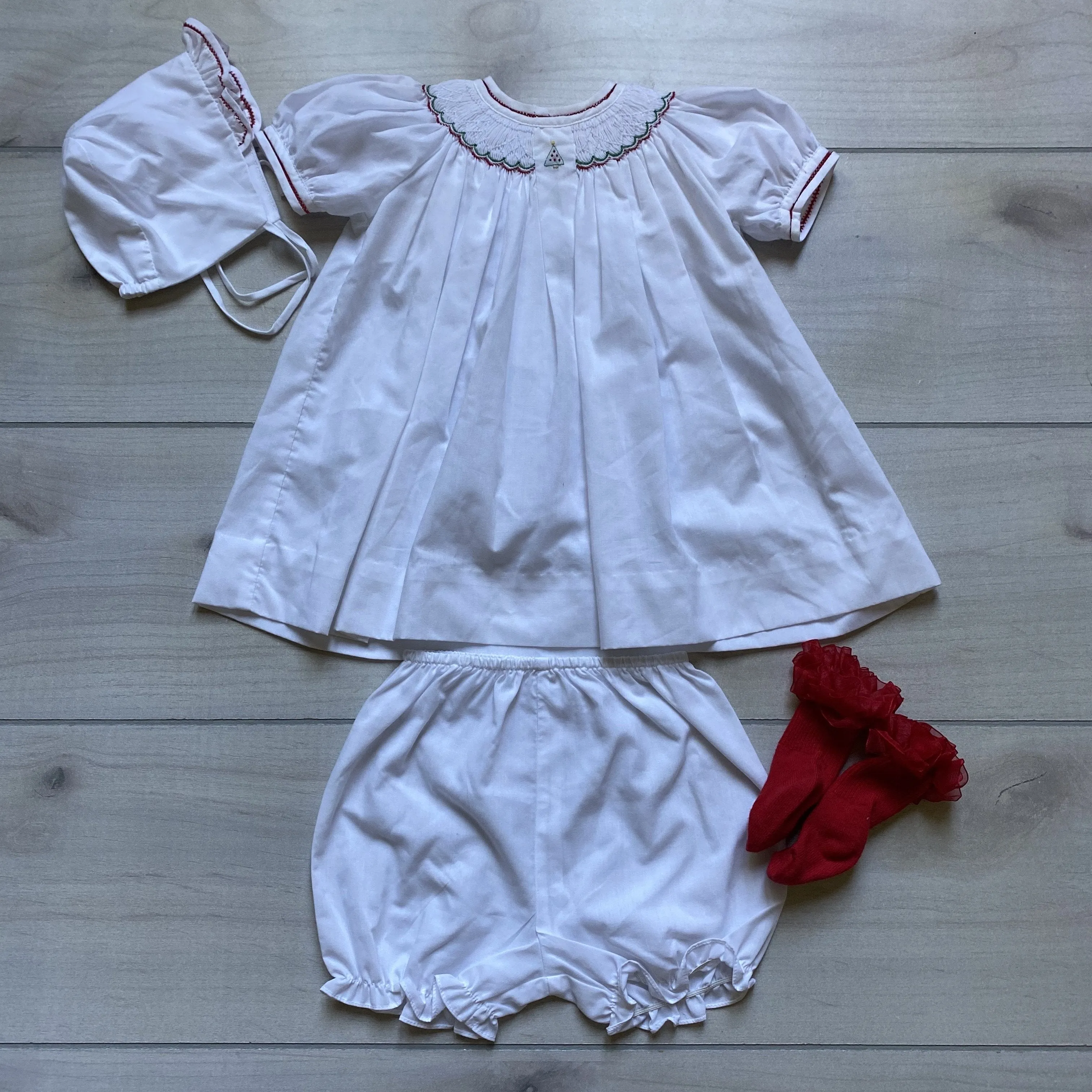 Petit Ami Holiday Smocked Dress Bonnet & Socks