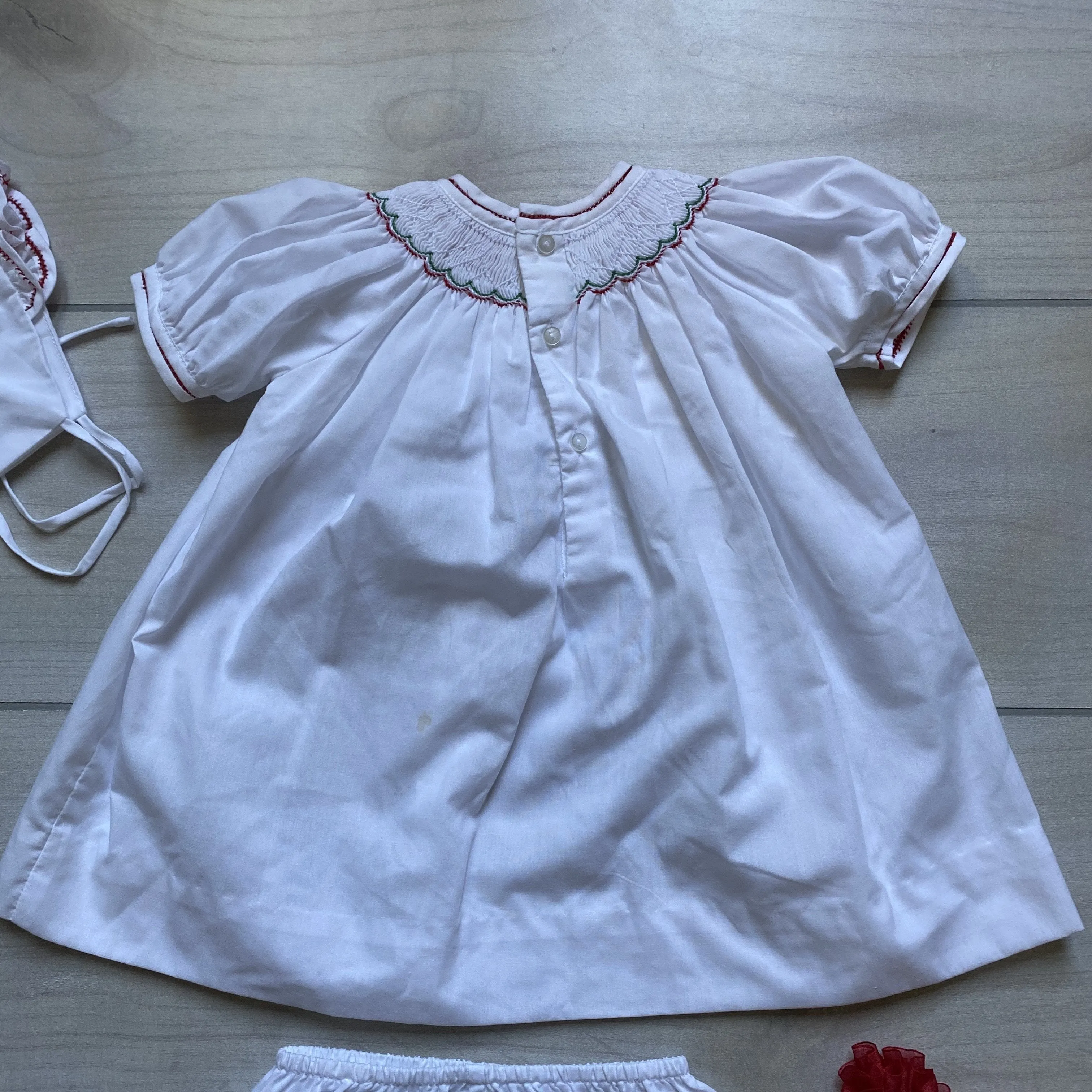 Petit Ami Holiday Smocked Dress Bonnet & Socks