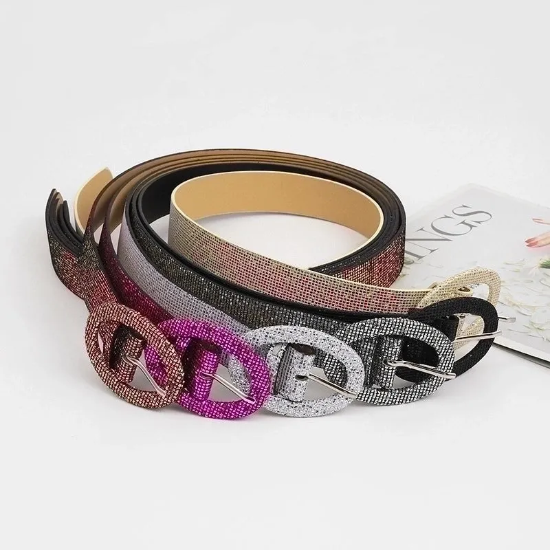 Retro Solid Color Pu Leather Alloy Sequins Women's Leather Belts