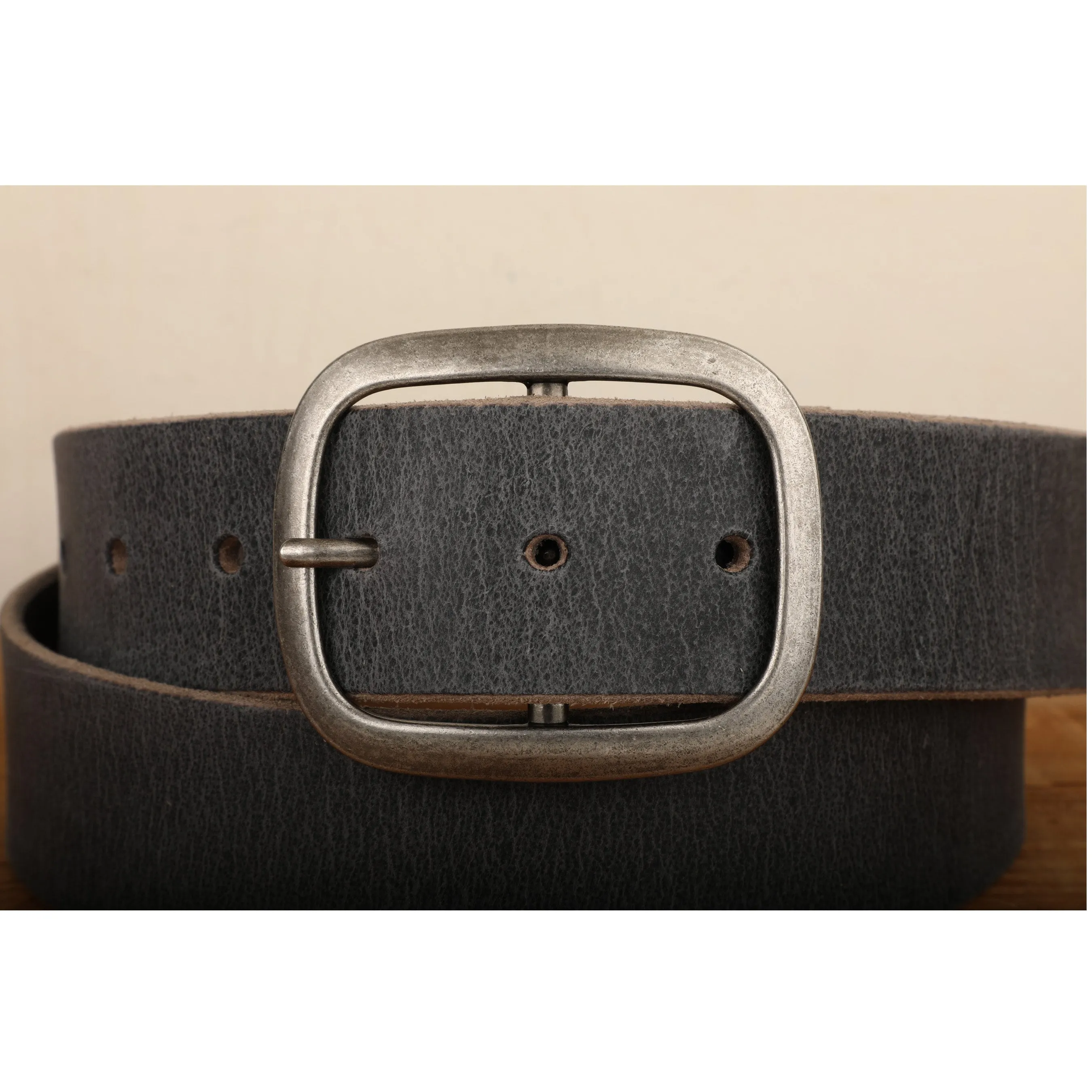 Steel Grey Leather Belt with Antique Silver Buckle